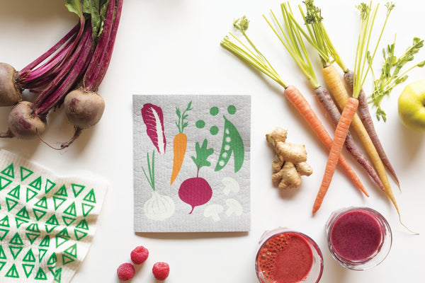 Veggies on Grey Swedish Dishcloth