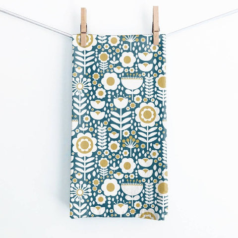 Blue Folk Flowers Tea Towel
