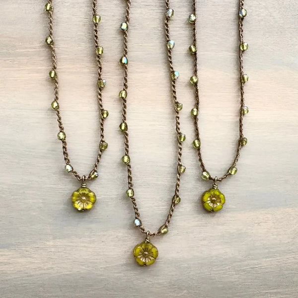Olivine Pressed Glass Flower Necklace