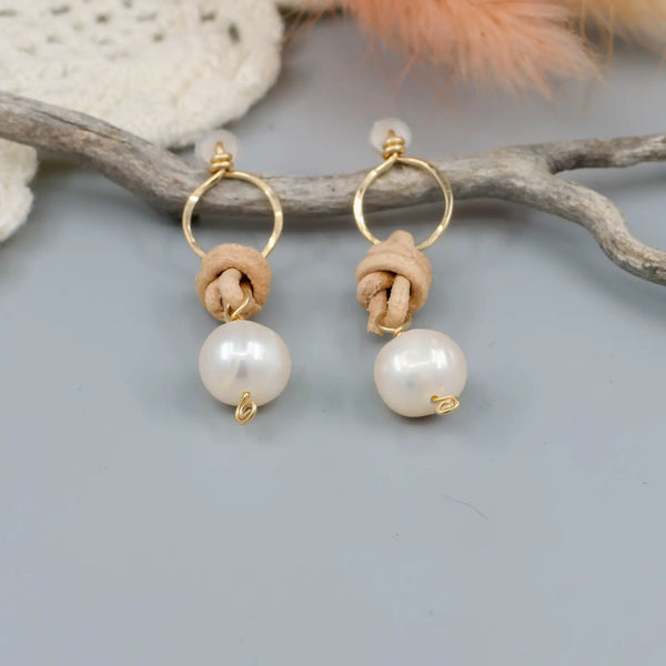 Fresh Water Pearl Drops with Leather Earrings