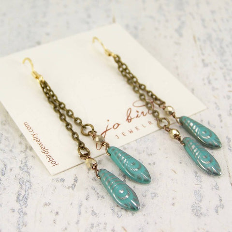 Turquoise Brass Feather Flow Earrings