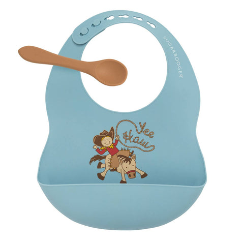 Yee Haw Blue Cowboy Bib and Spoon Set