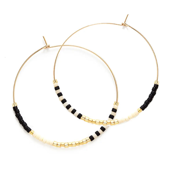 Bone & Black Seed Bead Hoop Earrings