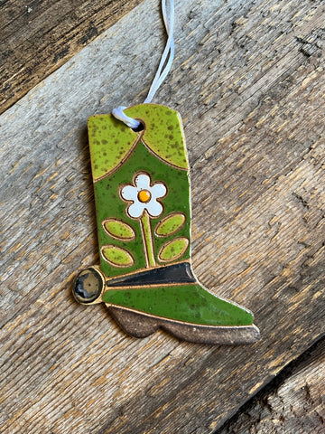 Green Daisy Boot Ceramic Ornament