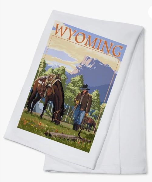 Wyoming Camp Cowboy Spring Tea Towel