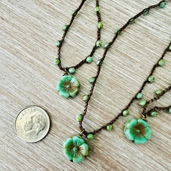 Spring Green Flower with Czech Crystal Necklace