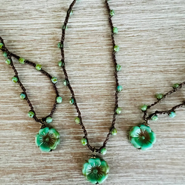 Spring Green Flower with Czech Crystal Necklace