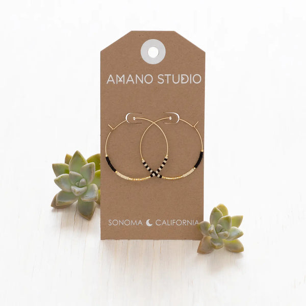 Bone & Black Seed Bead Hoop Earrings