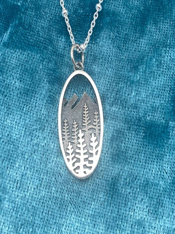 Oval Silver Trees and Mountain Necklace