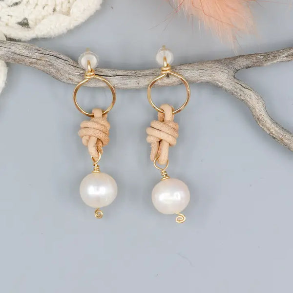 Fresh Water Pearl Drops with Leather Earrings