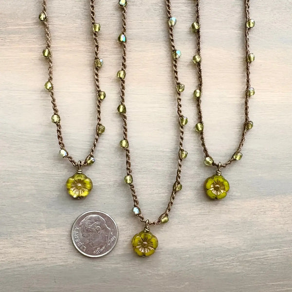 Olivine Pressed Glass Flower Necklace