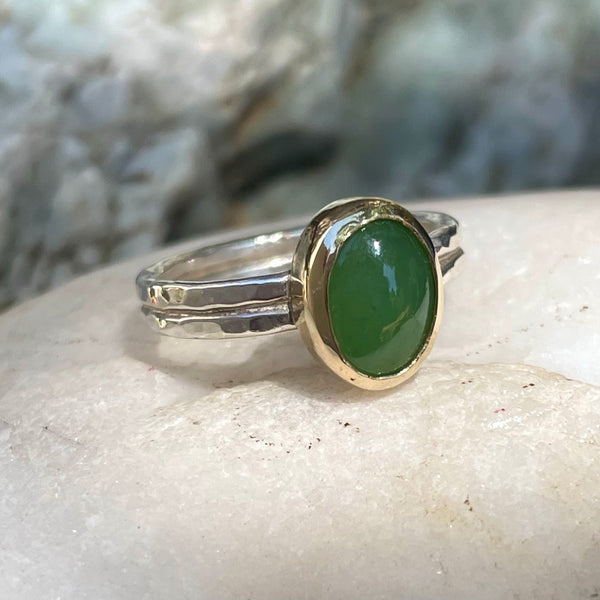 Wyoming Apple Green Jade, Gold and Silver Ring