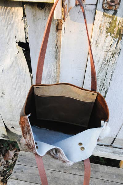 Short Tote Cowhide Panel, Brown & White