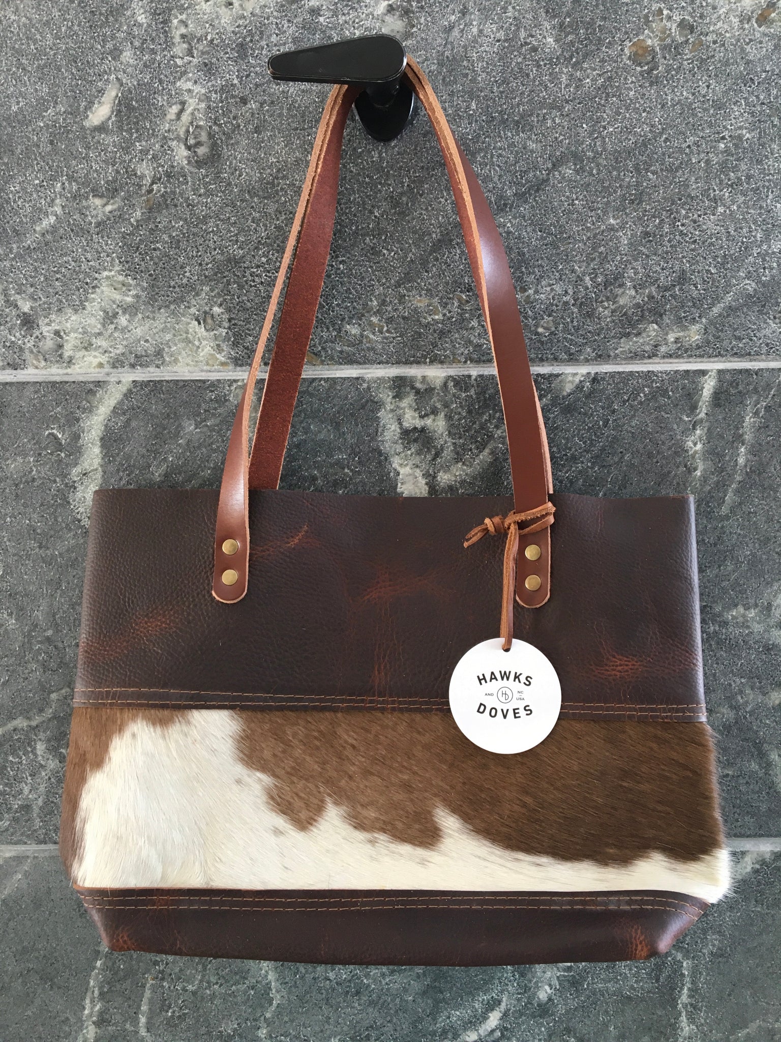 Short Tote Cowhide Panel, Brown & White