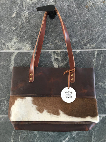 Short Tote Cowhide Panel, Brown & White
